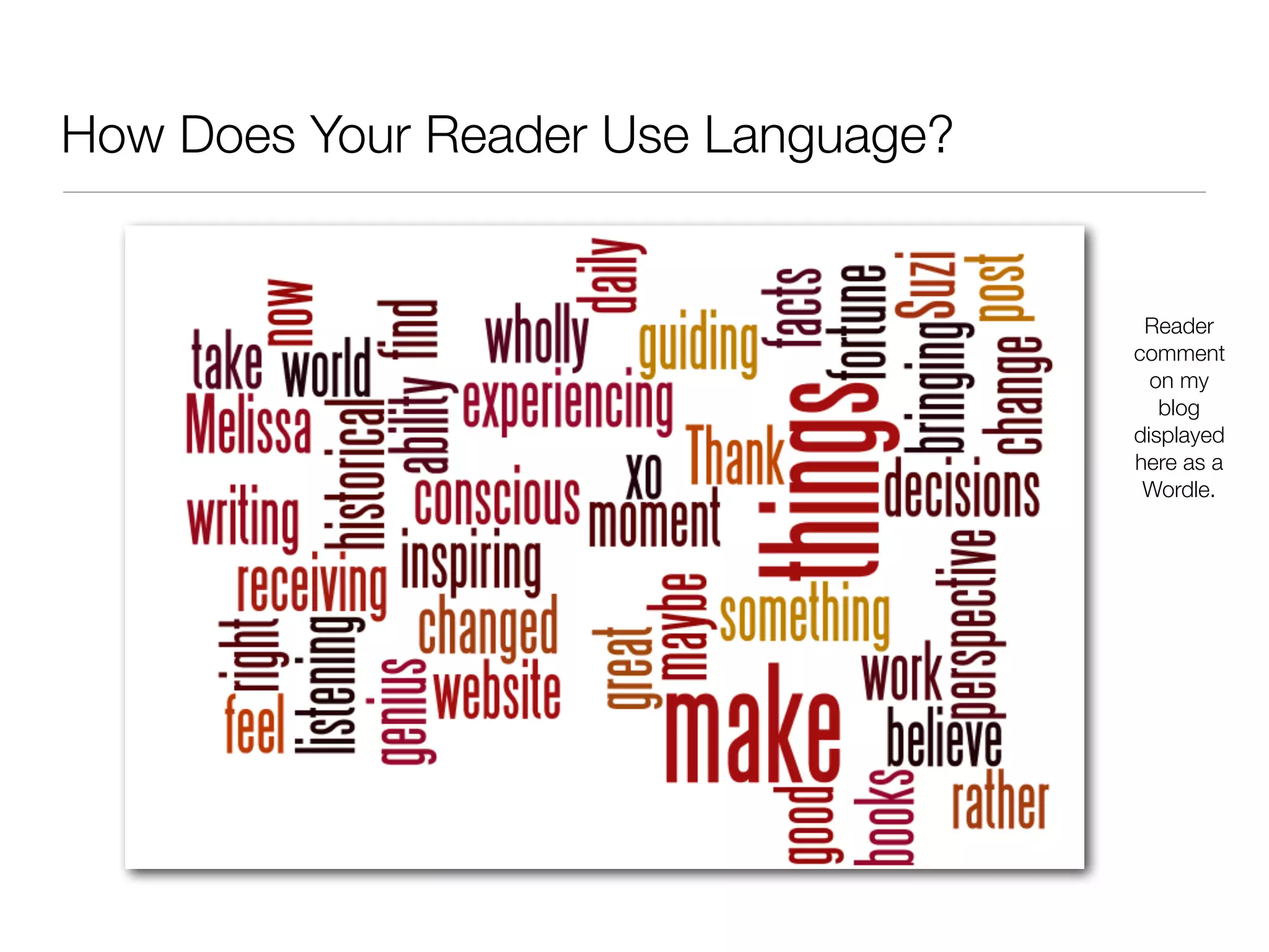 How Does Your Reader Use Language?


                                      Reader
                                     comment
                                       on my
                                        blog
                                     displayed
                                     here as a
                                      Wordle.
 