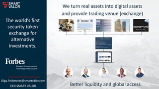 Better liquidity and global access
The world’s first
security token
exchange for
alternative
investments.
We turn real assets into digital assets
and provide trading venue (exchange)
Europe’s 10 most exciting
technology SMEs for 2018
Europe’s 10 most exciting
Technology SMEs for 2018
Olga.Feldmeier@smartvalor.com
CEO SMART VALOR
 