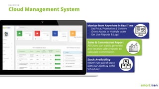 S M A R T V E N
Cloud Management System
Sales & Commission Report
All Users can easily generate
and receive sales reports to
calculate commission.
Stock Availability
Never run out of stock
with our Alerts & Reﬁll
Scheduler.
Monitor from Anywhere in Real Time
o Set Price, Promotion & Content
o Grant Access to multiple users
o Get Live Reports & Logs
 