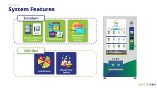 S M A R T V E N
System Features
Gamiﬁcation
Membership
System
Add-Ons
Standard
Easy to Customize
UI Template
PPOB & E-Wallet
Automated
Promotion
Settings
 