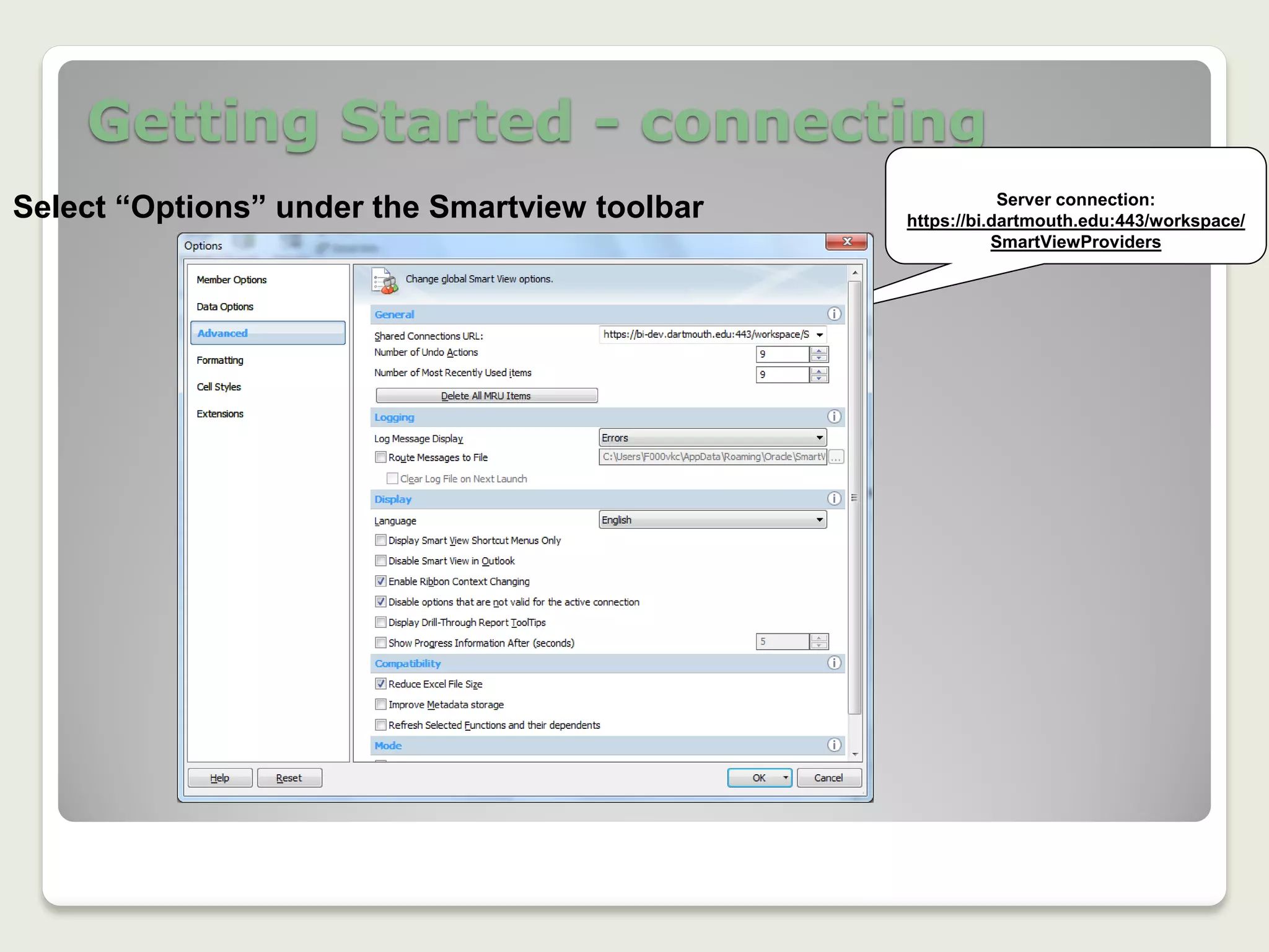 Getting Started - connecting
10
Select “Options” under the Smartview toolbar Server connection:
https://bi.dartmouth.edu:443/workspace/
SmartViewProviders
 