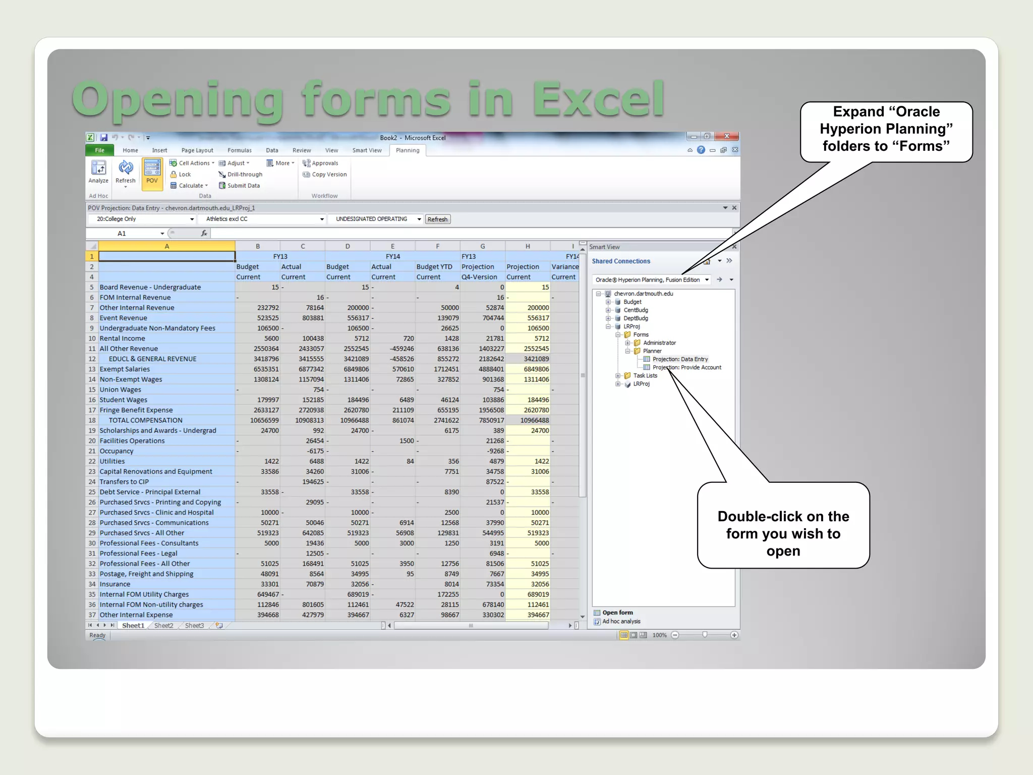 Opening forms in Excel
14
Double-click on the
form you wish to
open
Expand “Oracle
Hyperion Planning”
folders to “Forms”
 