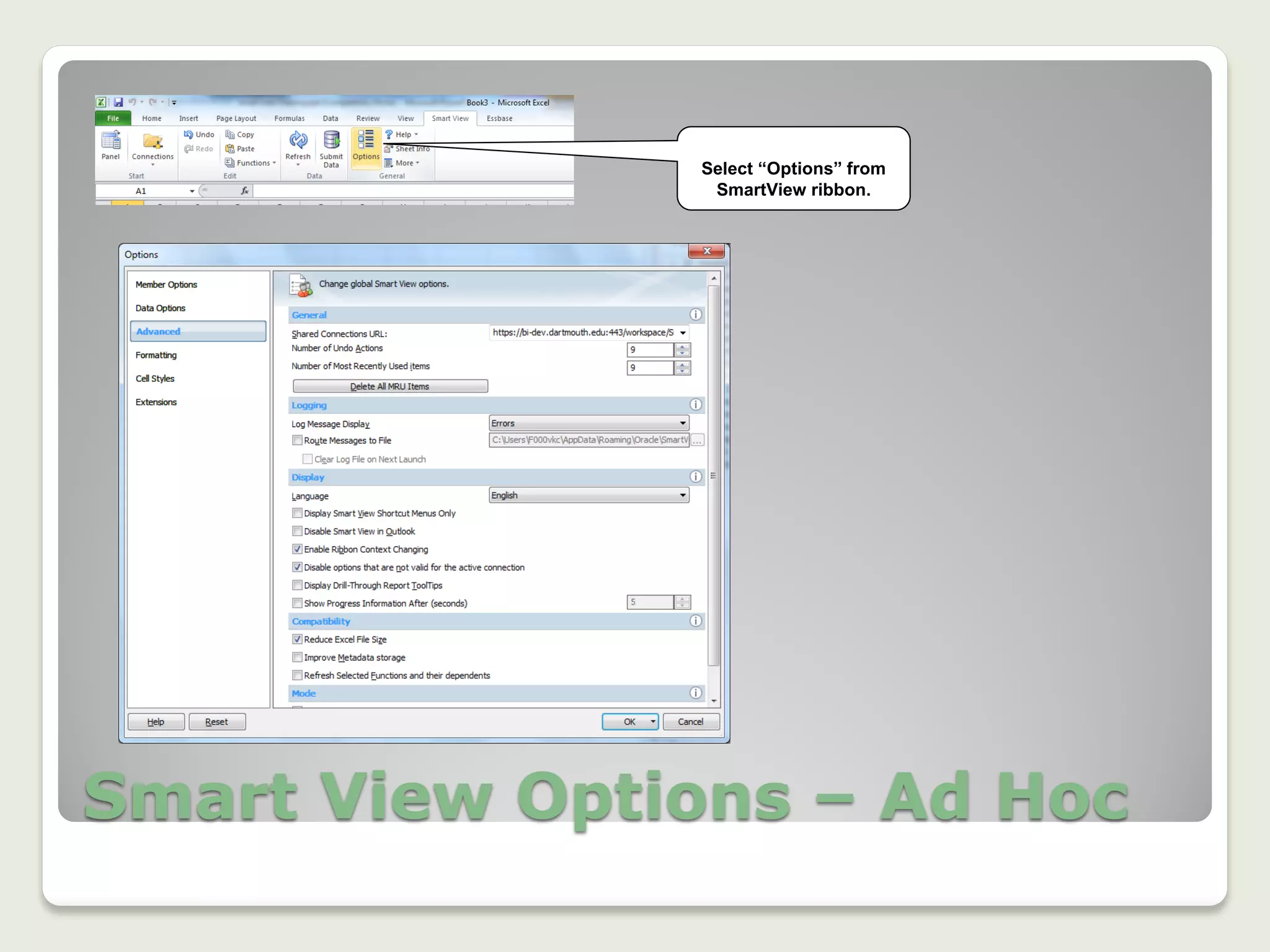 Smart View Options – Ad Hoc
Select “Options” from
SmartView ribbon.
 