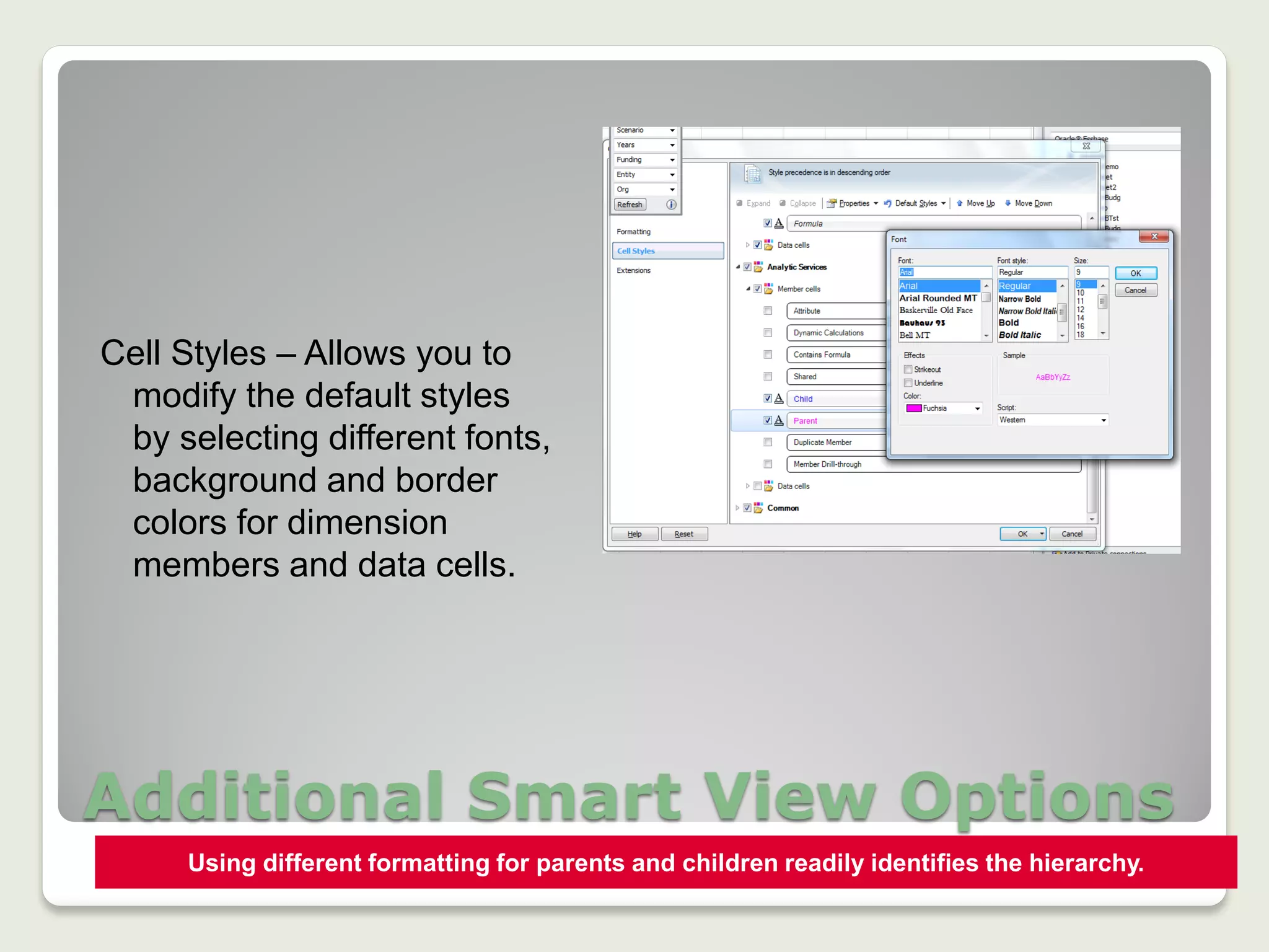 Additional Smart View Options
Using different formatting for parents and children readily identifies the hierarchy.
Cell Styles – Allows you to
modify the default styles
by selecting different fonts,
background and border
colors for dimension
members and data cells.
 