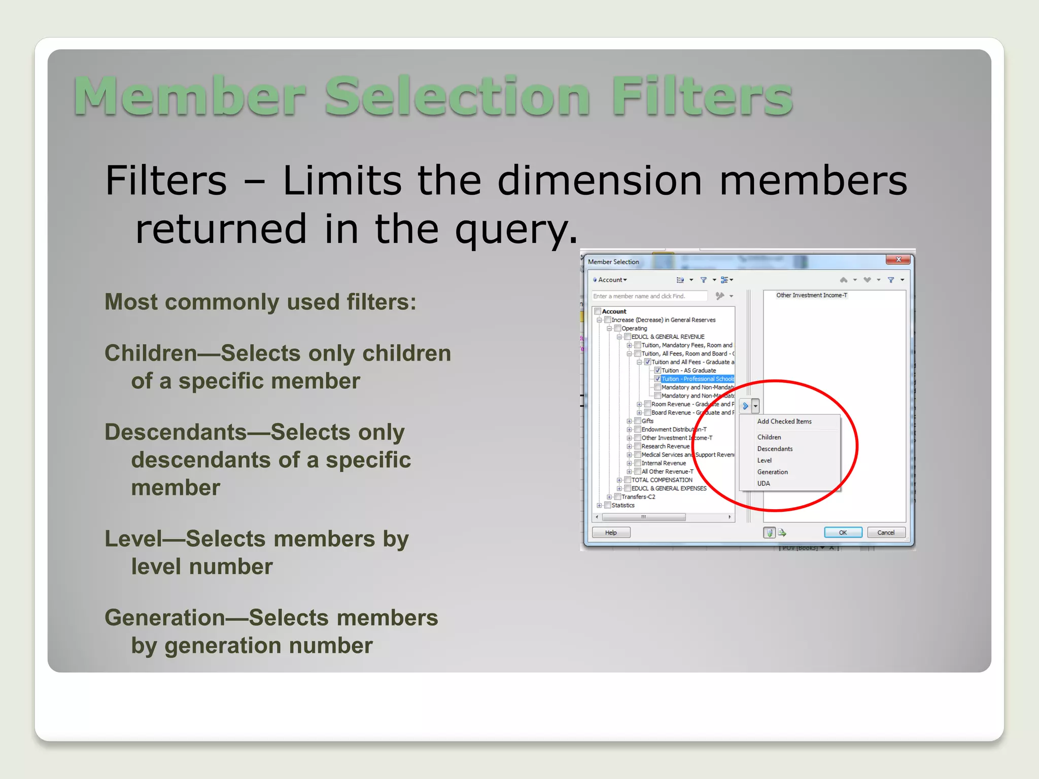 Member Selection Filters
Filters – Limits the dimension members
returned in the query.
Most commonly used filters:
Children—Selects only children
of a specific member
Descendants—Selects only
descendants of a specific
member
Level—Selects members by
level number
Generation—Selects members
by generation number
 
