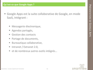 Qu’est-ce que Google Apps ?




                                                                   PRÉSENTATION DE GOOGLE APPS
      Google Apps est la suite collaborative de Google, en mode
       SaaS, intégrant :

                  Messagerie électronique,
                  Agendas partagés,
                  Gestion des contacts
                  Partage de documents,
                  Bureautique collaborative,
                  Intranet / Extranet 2.0,
                  et de nombreux autres outils intégrés…




Smartview : Conseil, Expertise & Formation      10
 