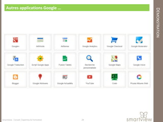 Autres applications Google …




                                                  DÉMONSTRATION
Smartview : Conseil, Expertise & Formation   24
 