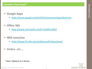 Solutions Cloud SaaS *




                                                                         ALTERNATIVES
      Google Apps
               http://www.google.com/intl/fr/enterprise/apps/business


      Office 365
               http://www.microsoft.com/fr-fr/office365/


      IBM LotusLive
               http://www-01.ibm.com/software/fr/lotus/saas/

      Zimbra , etc …



      * SaaS : Software as a Service


Smartview : Conseil, Expertise & Formation     8
 