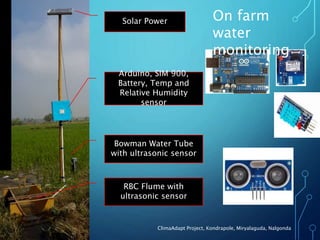 Solar Power
Arduino, SIM 900,
Battery, Temp and
Relative Humidity
sensor
Bowman Water Tube
with ultrasonic sensor
RBC Flume with
ultrasonic sensor
ClimaAdapt Project, Kondrapole, Miryalaguda, Nalgonda
On farm
water
monitoring
 