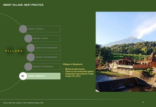 19
SMART VILLAGE- BEST PRACTICE
SMART PEOPLE
SMART LIVING
SMART ENVIRONMENT
SMART GOVERNMENT
SMART ECONOMICS
SMART MOBILITY
P I L L A R S
01
02
03
04
05
06
Villages in Mojokerto
• Mixed-modal access
• Clean & non-motorized option
• Integrated International Trade
Center ITC (ITC)
Source: Solar Feed. January 12, 2012. Retrieved February, 2021.
 