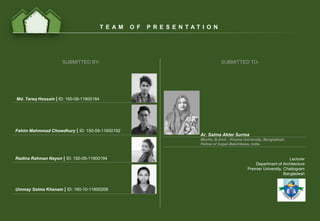 T E A M O F P R E S E N T A T I O N
SUBMITTED BY- SUBMITTED TO-
Md. Tareq Hossain | ID: 150-09-11600184
Fahim Mahmmad Chowdhury | ID: 150-09-11600192
Radina Rahman Nayon | ID: 150-09-11600194
Ummay Salma Khanam | ID: 160-10-11600206
Ar. Salma Akter Surma
MscHs, B.Arch , Khulna University, Bangladesh.
Fellow of Sopar-BalaVikasa, India.
Lecturer
Department of Architecture
Premier University, Chattogram
Bangladesh
 