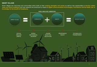 SMART VILLAGE
4
Smart villages are rural areas and communities which build on their existing strengths and assets as well as new opportunities to develop added
value and where traditional and new networks are enhanced by means of digital communications technologies, innovations and the better use of
knowledge for the benefit of inhabitants.
SMART VILLAGE STRENGTHS ASSETS DEVELOP VALUES
RURAL AREAS AND COMMUNITIES
S M A R T
SOCIAL
SKILLED
SIMPLE
MORAL
METHODICAL
MODERN
AWARE
ADAPTIVE
ADJUSTING
RESPONSIVE
READY
TECHNOLOGY
TRANSPARENT
 