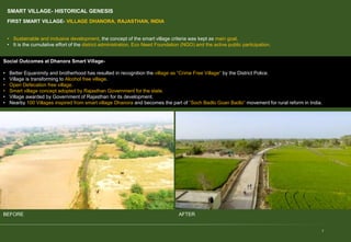 SMART VILLAGE- HISTORICAL GENESIS
7
FIRST SMART VILLAGE- VILLAGE DHANORA, RAJASTHAN, INDIA
• Sustainable and inclusive development, the concept of the smart village criteria was kept as main goal.
• It is the cumulative effort of the district administration, Eco Need Foundation (NGO) and the active public participation.
Social Outcomes at Dhanora Smart Village-
• Better Equanimity and brotherhood has resulted in recognition the village as “Crime Free Village” by the District Police.
• Village is transforming to Alcohol free village.
• Open Defecation free village.
• Smart village concept adopted by Rajasthan Government for the state.
• Village awarded by Government of Rajasthan for its development.
• Nearby 100 Villages inspired from smart village Dhanora and becomes the part of “Soch Badlo Goan Badlo” movement for rural reform in India.
BEFORE AFTER
 