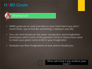 HARD Goals
Animated
• HARD goals are so vivid and alive in your mind that if you don’t
reach them, you’d feel like something’s missing in your life.
• You can and should use the same visualization and imagination
techniques which some of the greatest minds in history have used
to make your goals come to life in your imagination.
• Geniuses use their imaginations to soar and so should you.
What will it look if you achieve your
Goal ?
 