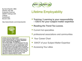 Lifetime Employability
 Training / Learning is your responsibility
– CEU’s for your subject matter expertise
 Reading the Trend Tea Leaves.
 Current hot specialties
 professional associations and communities
 Your Career Chart
 SWOT of your Subject Matter Expertise
 Accessing Your allies
By David Rachlin, MBA
Wharton, BS Yale
Enterprise Chairman
SMART Holdings USA
Unilever
SodaStream
Boursin USA
http://www.linkedin.com/in/davidrachlin
Linchpin: Are You Indispensable?
Product DetailsPub. Date: January 2010Publisher:
Penguin Group (USA)Format: eBook, 256ppSales
Rank: 3,521File Size: 624 KBISBN-13:
9781101196311ISBN: 1101196319Synopsis"The only
way to get what you're worth is to stand out, to exert
emotional labor, to be seen as indispensable, and to
produce interactions that organizations and people
care deeply about."In bestsellers such as Purple Cow
and Tribes, Seth Godin taught readers how to make
remarkable products and spread powerful ideas. But
this book is different. It's about you - your choices,
your future, and your potential to make a huge
difference in whatever field you choose.
 