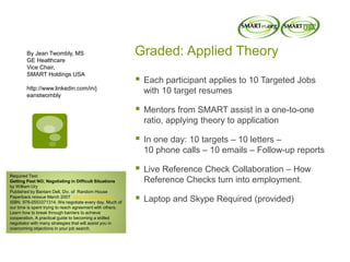 Graded: Applied TheoryBy Jean Twombly, MS
GE Healthcare
Vice Chair,
SMART Holdings USA
http://www.linkedin.com/in/j
eanstwombly
 Each participant applies to 10 Targeted Jobs
with 10 target resumes
 Mentors from SMART assist in a one-to-one
ratio, applying theory to application
 In one day: 10 targets – 10 letters –
10 phone calls – 10 emails – Follow-up reports
 Live Reference Check Collaboration – How
Reference Checks turn into employment.
 Laptop and Skype Required (provided)
Required Text:
Getting Past NO; Negotiating in Difficult Situations
by William Ury
Published by Bantam Dell, Div. of Random House
Paperback reissue March 2007 www.bantamdell.com
ISBN: 978-0553371314. We negotiate every day. Much of
our time is spent trying to reach agreement with others.
Learn how to break through barriers to achieve
cooperation. A practical guide to becoming a skilled
negotiator with many strategies that will assist you in
overcoming objections in your job search.
 