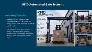 RFID Automated Gate Systems
Verify Every Movement
• DDAPL's RFID Gate solutions create
automated dock door checkpoints that
verify full pallet loads in seconds as forklifts
pass through.
• From inbound receiving to outbound
dispatch, gate automation ensures
instant packing list validation, preventing
shipping errors before goods leave the
dock.
 