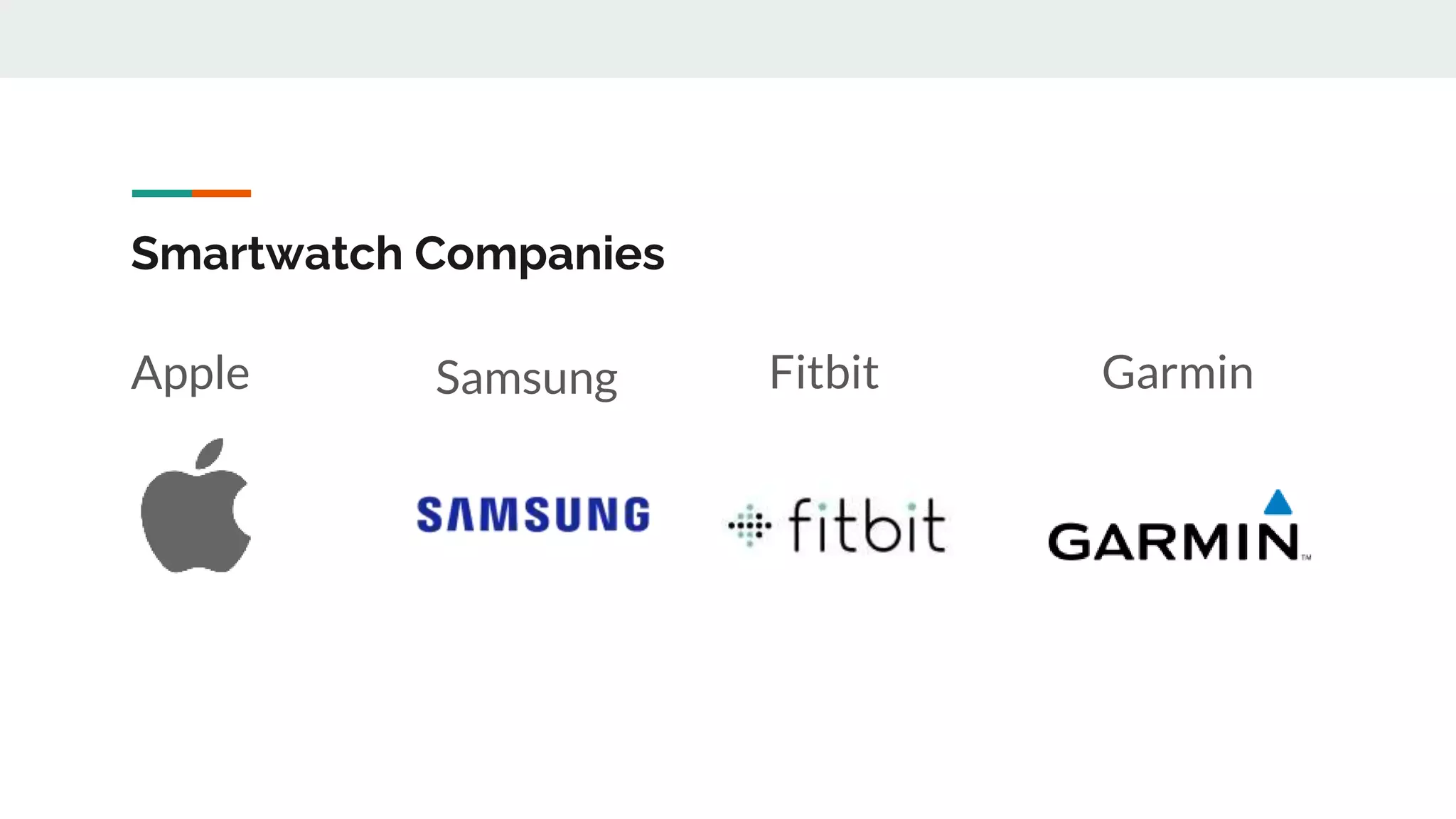 Smartwatch Companies
Apple Samsung Fitbit Garmin
 