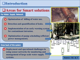 Areas for Smart solutions
Implementation of an early warning system
for contaminant intrusion.
Optimization of pump scheduling (efficient
power management).
Optimization of billing of water use.
Detection and quantification of leaks.
Deployment and operational challenges in
using sensor networks for monitoring and
management of large scale water supply
systems. Source : R.1 & 3
 