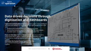Data driven decisions through
digitization and dashboards
Capture & contextualize data to empower you to make intelligent
decisions and deliver the right data to the right people at the right
time
• Analyze and minimize chemical and energy usage
• Reduce maintenance cost of pressure-induced pipe breaks
• Increase water revenue through reduced water loss
Focus on the data that has the greatest impact. It is critical to
understand which data is useful to optimize reliability and
performance, enabling more proactive and informed decision-
making
Eliminate the human factor by providing real-
time, forward-looking analysis for decision
making
PUBLIC | Copyright ©2019 Rockwell Automation, Inc. | 16
operation
s
digital
 