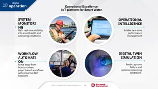 PUBLIC | Copyright ©2021 Rockwell Automation, Inc. | 18
DIGITAL TWIN
SIMULATION
Operational Excellence
IIoT platform for Smart Water
Gain real-time visibility
into asset health and
operating conditions
Enable real-time
performance
management
Move away from
human-driven,
paper-based workflows
with proactive IIoT
solutions
Predict system
failure and
optimize operating
conditions
SYSTEM
MONITORI
NG
OPERATIONAL
INTELLIGENCE
WORKFLOW
AUTOMATI
ON
operation
s
digital
 