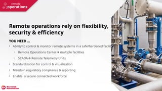 operations
remote
Remote operations rely on flexibility,
security & efficiency
YOU NEED ...
• Ability to control & monitor remote systems in a safe/hardened facility
• Remote Operations Center multiple facilities
• SCADA Remote Telemetry Units
• Standardization for control & visualization
• Maintain regulatory compliance & reporting
• Enable a secure connected workforce
 