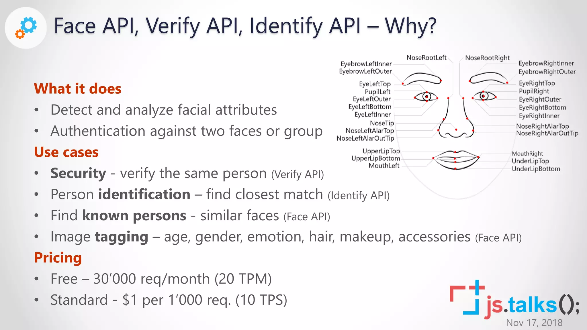 Nov 17, 2018
Face API, Verify API, Identify API – Why?
What it does
• Detect and analyze facial attributes
• Authentication against two faces or group
Use cases
• Security - verify the same person (Verify API)
• Person identification – find closest match (Identify API)
• Find known persons - similar faces (Face API)
• Image tagging – age, gender, emotion, hair, makeup, accessories (Face API)
Pricing
• Free – 30’000 req/month (20 TPM)
• Standard - $1 per 1’000 req. (10 TPS)
 