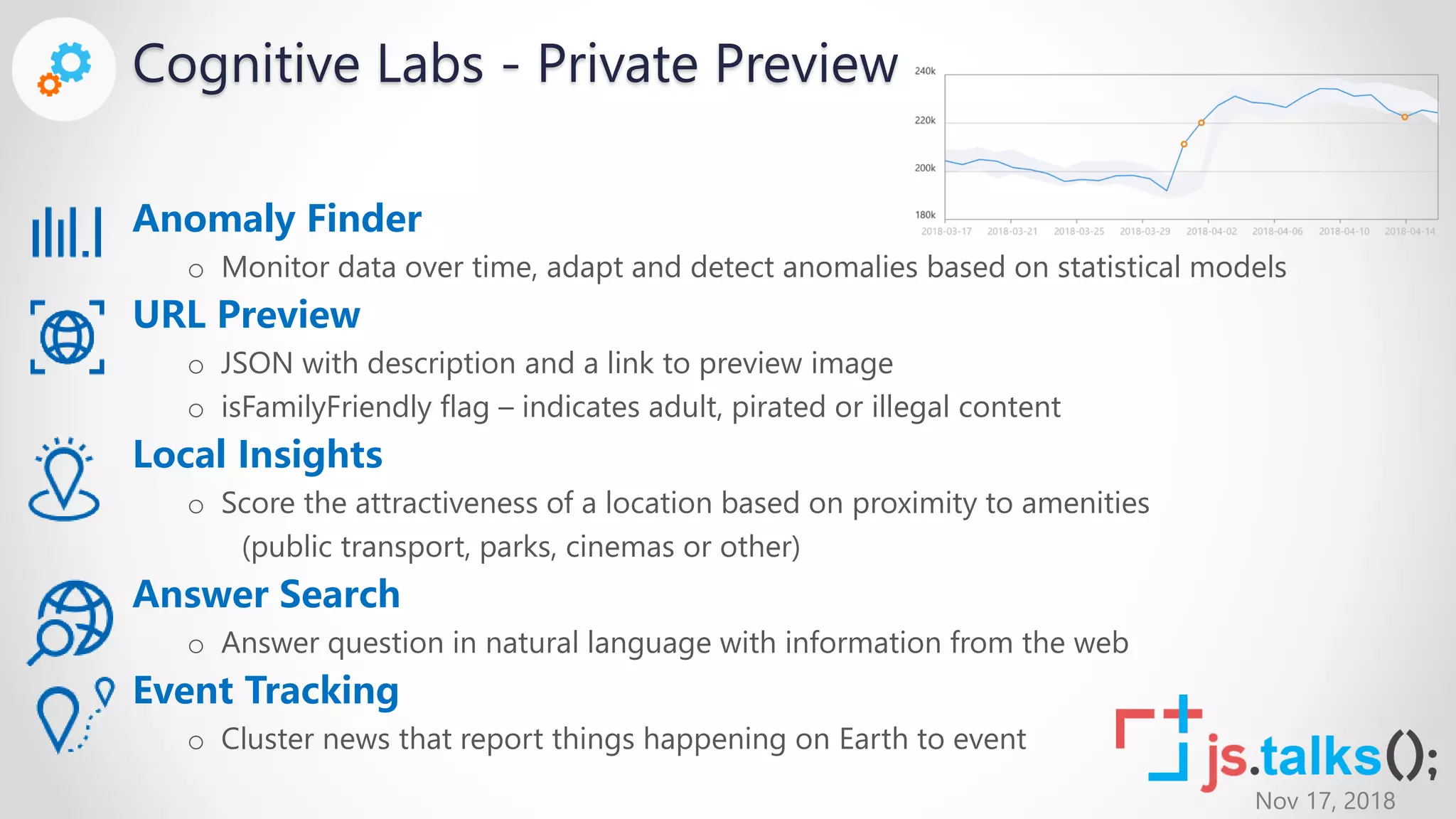 Nov 17, 2018
Cognitive Labs - Private Preview
Anomaly Finder
o Monitor data over time, adapt and detect anomalies based on statistical models
URL Preview
o JSON with description and a link to preview image
o isFamilyFriendly flag – indicates adult, pirated or illegal content
Local Insights
o Score the attractiveness of a location based on proximity to amenities
(public transport, parks, cinemas or other)
Answer Search
o Answer question in natural language with information from the web
Event Tracking
o Cluster news that report things happening on Earth to event
 