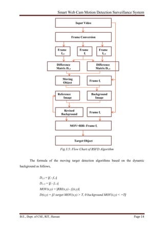 Smart Web Cam Motion Detection Surveillance System
B.E., Dept. of CSE, RIT, Hassan Page 14
Fig 3.5: Flow Chart of BSFD Algorithm
The formula of the moving target detection algorithms based on the dynamic
background as follows,
Di-5 = |fi - fi-5|
Di+5 = |fi - fi+5|
MOV(x,y) = |RBI(x,y) - fi(x,y)|
D(x,y) = {1 target MOV(x,y) > T, 0 background MOV(x,y) < =T}
Input Video
Frame Conversion
Frame
fi
Frame
fi+5
Frame
fi-5
Difference
Matrix Di-5
Difference
Matrix Di+5
Moving
Object
Frame fi
Reference
Image
Background
Image
Revised
Background
Frame fi
MOV=RBI- Frame fi
Target Object
 