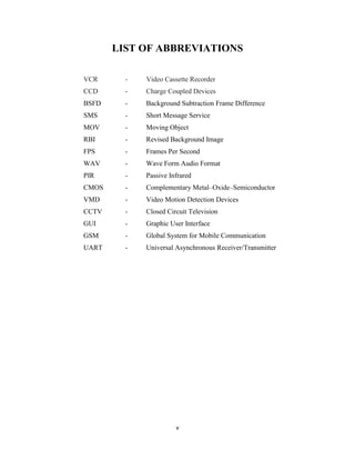 v
LIST OF ABBREVIATIONS
VCR - Video Cassette Recorder
CCD - Charge Coupled Devices
BSFD - Background Subtraction Frame Difference
SMS - Short Message Service
MOV - Moving Object
RBI - Revised Background Image
FPS - Frames Per Second
WAV - Wave Form Audio Format
PIR - Passive Infrared
CMOS - Complementary Metal–Oxide–Semiconductor
VMD - Video Motion Detection Devices
CCTV - Closed Circuit Television
GUI - Graphic User Interface
GSM - Global System for Mobile Communication
UART - Universal Asynchronous Receiver/Transmitter
 
