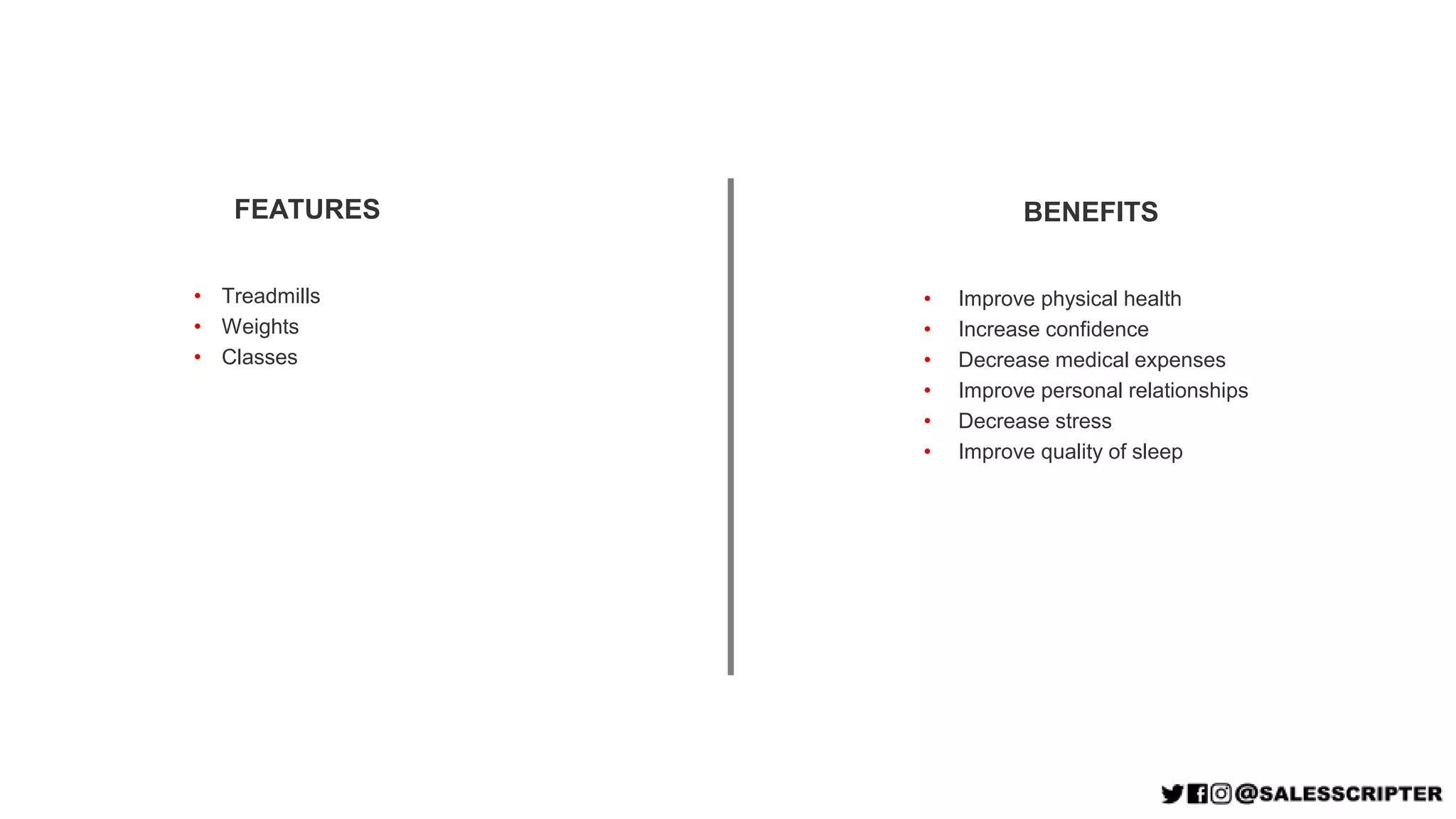 BENEFITS
• Improve physical health
• Increase confidence
• Decrease medical expenses
• Improve personal relationships
• Decrease stress
• Improve quality of sleep
FEATURES
• Treadmills
• Weights
• Classes
 