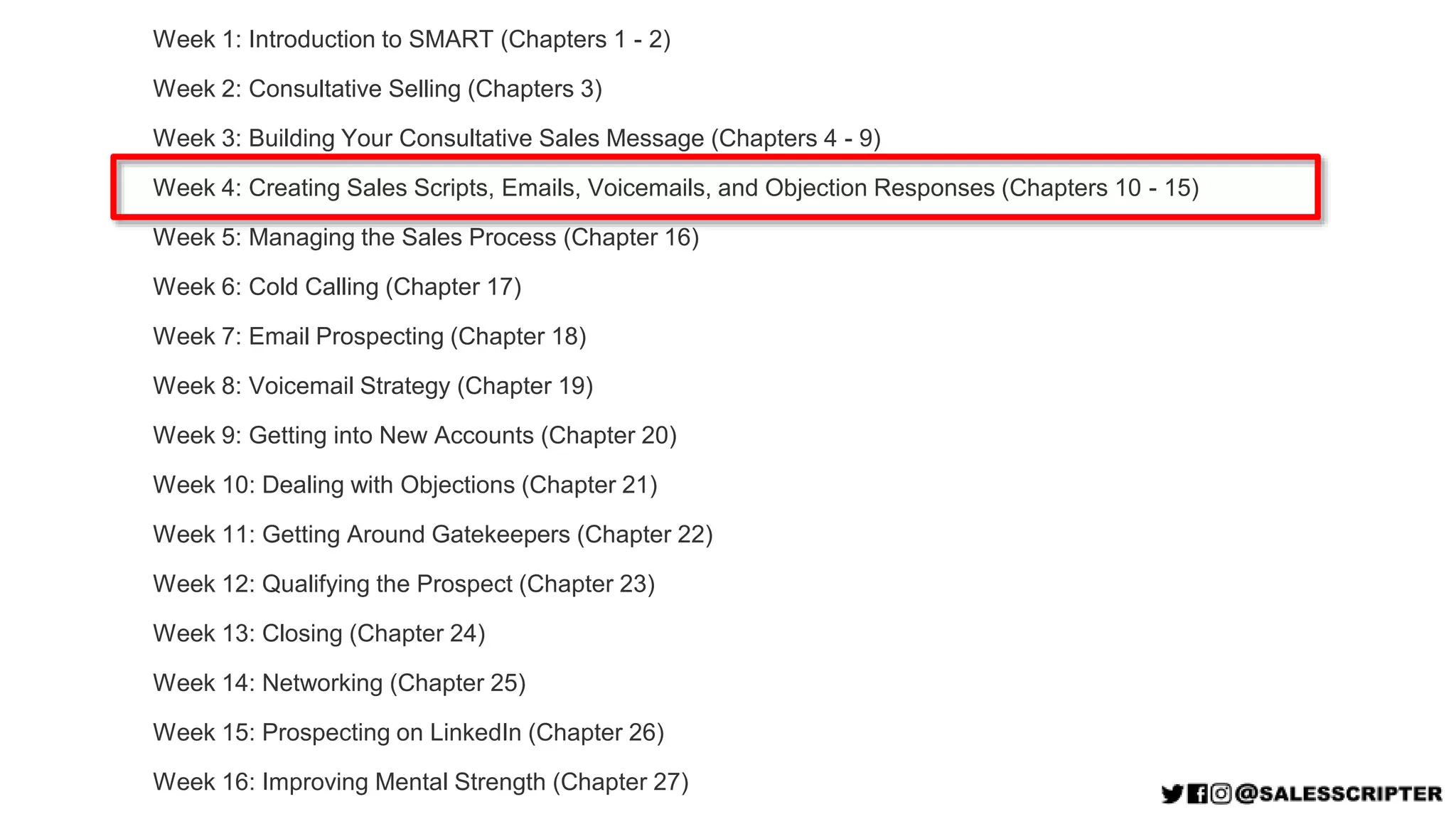 Week 1: Introduction to SMART (Chapters 1 - 2)
Week 2: Consultative Selling (Chapters 3)
Week 3: Building Your Consultative Sales Message (Chapters 4 - 9)
Week 4: Creating Sales Scripts, Emails, Voicemails, and Objection Responses (Chapters 10 - 15)
Week 5: Managing the Sales Process (Chapter 16)
Week 6: Cold Calling (Chapter 17)
Week 7: Email Prospecting (Chapter 18)
Week 8: Voicemail Strategy (Chapter 19)
Week 9: Getting into New Accounts (Chapter 20)
Week 10: Dealing with Objections (Chapter 21)
Week 11: Getting Around Gatekeepers (Chapter 22)
Week 12: Qualifying the Prospect (Chapter 23)
Week 13: Closing (Chapter 24)
Week 14: Networking (Chapter 25)
Week 15: Prospecting on LinkedIn (Chapter 26)
Week 16: Improving Mental Strength (Chapter 27)
 