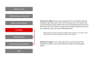 Opening the Call
State the Purpose of Your Call
Pre-Qualify
Product and Company Details
Close
Deliver a Sales Takeaway
Share Pain Points
Advance to Step 6: If you get an answer that is an indicator that the
prospect might have pain or be a fit for what you sell, you could try to
use that answer to skip ahead in this cold call process and try to go for
the close. To do this, after you hear a hot or neutral response to one of
your questions, you can say something like this:
Well, based on what you shared, it might make sense for us to talk in more
detail because that is the type of thing that we help with.
Advance to Step 5: If you don’t get much to work with from the
prospect’s answers, you could advance to Step 5 of sharing pain
points.
 