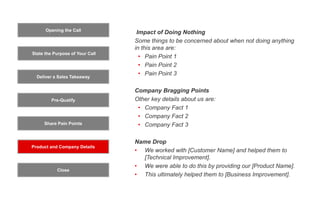 Opening the Call
State the Purpose of Your Call
Pre-Qualify
Product and Company Details
Close
Deliver a Sales Takeaway
Share Pain Points
Impact of Doing Nothing
Some things to be concerned about when not doing anything
in this area are:
• Pain Point 1
• Pain Point 2
• Pain Point 3
Company Bragging Points
Other key details about us are:
• Company Fact 1
• Company Fact 2
• Company Fact 3
Name Drop
• We worked with [Customer Name] and helped them to
[Technical Improvement].
• We were able to do this by providing our [Product Name].
• This ultimately helped them to [Business Improvement].
 
