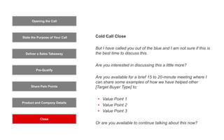 Opening the Call
State the Purpose of Your Call
Pre-Qualify
Product and Company Details
Close
Deliver a Sales Takeaway
Share Pain Points
Cold Call Close
But I have called you out of the blue and I am not sure if this is
the best time to discuss this.
Are you interested in discussing this a little more?
Are you available for a brief 15 to 20-minute meeting where I
can share some examples of how we have helped other
[Target Buyer Type] to:
• Value Point 1
• Value Point 2
• Value Point 3
Or are you available to continue talking about this now?
 