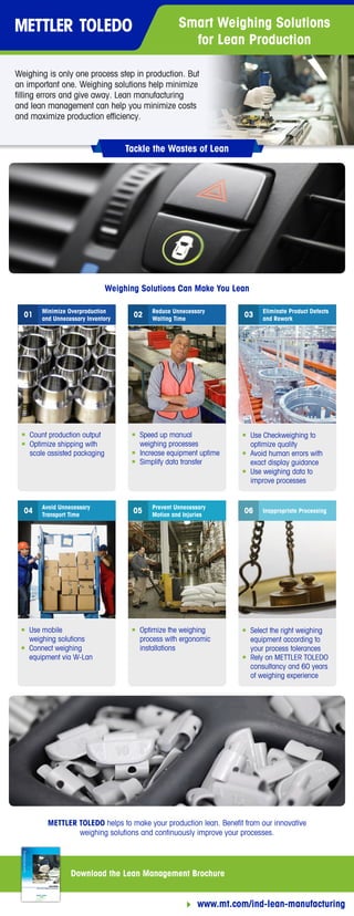 Smart Weighing Solutions
for Lean Production
Tackle the Wastes of Lean
Download the Lean Management Brochure
www.mt.com/ind-lean-manufacturing}
Speed up manual
weighing processes
Weighing is only one process step in production. But
an important one. Weighing solutions help minimize
filling errors and give away. Lean manufacturing
and lean management can help you minimize costs
and maximize production efficiency.
Count production output
Optimize shipping with
scale assisted packaging
Use Checkweighing to
optimize quality
Use mobile
weighing solutions
Select the right weighing
equipment according to
your process tolerances
Rely on METTLER TOLEDO
consultancy and 60 years
of weighing experience
Optimize the weighing
process with ergonomic
installations
Weighing Solutions Can Make You Lean
Increase equipment uptime Avoid human errors with
exact display guidance
Connect weighing
equipment via W-Lan
Use weighing data to
improve processes
Simplify data transfer
METTLER TOLEDO helps to make your production lean. Benefit from our innovative
weighing solutions and continuously improve your processes.
Minimize Overproduction
and Unnecessary Inventory
Reduce Unnecessary
Waiting Time
Eliminate Product Defects
and Rework
01 02 03
Avoid Unnecessary
Transport Time
Prevent Unnecessary
Motion and Injuries
Inappropriate Processing04 05 06
 
