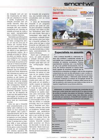 More on This Manufacturer
                                                                   Read TELE-satellite’s Company Report:


de recepção com um car-         de recepção são programa-         SMARTWI
tão Cryptoworks de televi-      dos, eles também então ser        Wireless Card Reader Producer, Denmark                              www.smartwi.net
são por assinatura e trocar     actualizados com os novos
o cartão Cryptoworks na         softwares.
estação principal com um          A caixa de ferramentas
cartão Viaccess. Para que       SmartWi é um programa
isto funcione, os cartões de    gratuito que pode ser usa-
recepção têm que momen-         do para actualizar a estação
taneamente ser inseridos na     principal, tem todos os pas-
estação principal de modo a     sos necessários para cum-
que sejam reprogramados         prir esta tarefa. Para que o
para o sistema Viaccess.        computador seja capaz de
   Nos testes que efectuamos    reconhecer a estação Smar-
aqui nos nossos laboratórios    tWi, primeiro tem que insta-
de teste conseguimos atin-      lar o SmartWi software To-
gir um raio de cerca de 17      olbox antes de ligar a caixa
metros em recintos fecha-       SmartWi via USB para o PC.
dos com o sinal a passar por    E assim, os drivers necessá-      www.TELE-satellite.com/TELE-satellite-1011/eng/smartwi.pdf
                                                                  www.TELE-satellite.com/TELE-satellite-0709/eng/smartwi.pdf
várias paredes. Num espaço      rios são transferidos e insta-
em aberto a sua abertura é      lados automaticamente no
naturalmente melhor. Se a       sistema Windows.                       Especialista no assunto
estação principal for coloca-     Assim que o software ar-             +
da sobre um balcão, não te-                                          Com o sistema SmartWi II, o fabricante for-
                                ranca, vai poder actualizar
mos problema com os sinais                                         nece uma confiável e sofisticada solução de
                                a estação principal com o
para chegar a um receptor                                          card splitter que é compatível com uma grande
                                software mais recente, mas
no barracão do quintal se for                                      variedade de sistemas encriptados. Ficamos
                                também pode lidar com vá-
mais de 17 metros de distân-                                       especialmente contentes com a sua facilidade
                                rias configurações adicio-                                                          Thomas Haring
cia. O sistema SmartWi tam-                                        de uso e seu perfeito funcionamento, livre de      TELE-satellite
                                nais.                                                                                   Test Center
bém não foi incomodado por                                         erros. Em nenhum momento os nossos testes                Austria
                                  Estão disponíveis até cin-
qualquer tipo de interferên-                                       foram capazes de reconhecer qualquer tipo de
                                co canais de transmissão di-
cia de outro sinal. Realmente                                      interferência ou desmaios na imagem, cada um dos receptores
                                ferentes. Se estiver ar usar       comportaram-se como se eles estivessem a usar o cartão ori-
não interessa se usamos um
                                mais de um sistema Smar-           ginal de televisão por assinatura. E porque tem um processo
auricular sem fios, router
                                tWi, você pode seleccionar         de actualização simples, o fabricante pode facilmente reagir
wireless ou até mesmo um
                                diferentes canais de trans-        a quaisquer mudanças no sistema de encriptação através de
forno de microondas que afi-
                                missão para cada um. Tam-          uma actualização do software. O sistema utiliza menos de um
nal está ao lado da estação
                                bém pode ver em detalhe o          watt de potência e até mesmo se usar todos os dias vai ter um
principal, nós simplesmente
                                cartão original de televisão       impacto insignificante na sua factura eléctrica.
não conseguimos interrom-
                                por assinatura bem como
per o sistema SmartWi. A
comunicação entre os com-
                                o nome de cada cartão de               -
                                recepção e também pode               Infelizmente, os cartões de recepção são construídos de tal
ponentes SmartWi ocorreu
                                configurar as opções espe-         forma que a maior parte dos casos as slot CI ou abas do leitor
a mais de 30 Kbytes/s de                                           de cartões do receptor não podem ser fechados. Também não
modo que não poderia haver      ciais para sincronizar cada
                                                                   é possível utilizar ao mesmo tempo dois diferentes cartões
interrupção no processo de      receptor. A função Logger
                                                                   de televisão por assinatura. A SmartWi está trabalhar em dois
descodificação devido a uma     pode ser usada para exibir
                                                                   destes pontos e eventualmente vai fornecer uma solução.
baixa taxa de transmissão       a comunicação entre os car-
do sinal.                       tões de cliente e a estação
   Uma vez que a SmartWi        principal; isto é um suporte                                      TECHNICAL
está constantemente a tra-      para a SmartWi com infor-                                                     DATA
balhar para melhorar e ex-      mações valiosas caso tenha       Manufacturer                        SmartWi International A/S Aabenraavej 1,
                                um problema. Também pode                                             6340 Krusaa, Denmark
pandir os seus sistemas de
                                descobrir que parâmetros         Phone                               +45 70260031
card splitter, vale a pena ir
                                especiais podem ser criados      Fax                                 +45 86406622
esporadicamente até ao site
www.smartwi.net para ver        para o seu cartão de recep-      Email                               www.smartwi.net/contact.html

se aparece um novo softwa-      ção. Uma valiosa fonte de        Model                               SmartWi II

re disponível para a SmartWi    dicas e truques para o seu       Function                            Wireless SmartCard Reader

II box. E porque tem a inter-   sistema SmartWi também           Supported CAS systems               Irdeto, Seca Mediaguard 1&2, Viaccess 1&2&3,
                                                                                                     Cryptoworks, Conax, B-CAS
face USB, o novo software       pode encontrar em fóruns
                                                                 Max. receivers                      5
pode ser facilmente trans-      de discussão no site do seu
                                                                 Max. distance                       about 17m (indoor)
ferido para a caixa SmartWi     fabricante. Neste local qua-
                                                                 Transmission band                   RF 868 MHz
através de um computador        se todos os possíveis pro-
                                blemas já foram discutidos e     Transmitter power                   -10, -2, +6 & +10 dBm
com sistema operativo MS
Windows. Quando os cartões      resolvidos.                      Power supply                        5V DC



                                                         www.TELE-satellite.com — 04-05/201 —
                                                                                          1                TELE-satellite — Global Digital TV Magazine   69
 