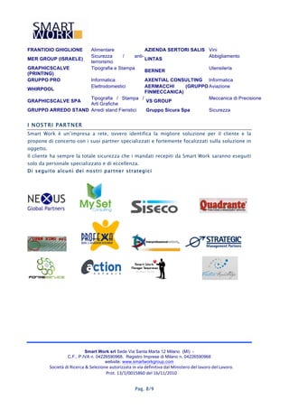 FRANTIOIO GHIGLIONE                       Alimentare               AZIENDA SERTORI SALIS Vini
                                          Sicurezza      /   anti-                       Abbigliamento
MER GROUP (ISRAELE)                                                LINTAS
                                          terrorismo
GRAPHICSCALVE                             Tipografia e Stampa                            Utensileria
                                                                   BERNER
(PRINTING)
GRUPPO PRO                                Informatica
                                            AXENTIAL CONSULTING Informatica
                                          Elettrodomestici
                                            AERMACCHI      (GRUPPO Aviazione
WHIRPOOL
                                            FINMECCANICA)
                    Tipografia / Stampa /                          Meccanica di Precisione
GRAPHICSCALVE SPA                           VS GROUP
                    Arti Grafiche
GRUPPO ARREDO STAND Arredi stand Fieristici Gruppo Sicura Spa      Sicurezza


I NOSTRI PARTNER
Smart Work è un’impresa a rete, ovvero identifica la migliore soluzione per il cliente e la
propone di concerto con i suoi partner specializzati e fortemente focalizzati sulla soluzione in
oggetto.
Il cliente ha sempre la totale sicurezza che i mandati recepiti da Smart Work saranno eseguiti
solo da personale specializzato e di eccellenza.
Di seguito alcuni dei nostri partner strategici




                        	
                                	
  	
                                                                             	
   	
                          	
  
	
  




                       	
                                            	
                                                                            	
                  	
            	
  
	
  



                                                                      	
                            	
  	
  	
  	
  	
  	
  	
  	
  	
  	
  	
  	
  	
  	
  	
  	
  
	
  	
  




                                       Smart Work srl Sede Via Santa Marta 12 Milano (MI) -
                              C.F., P.IVA n. 04226590968, Registro Imprese di Milano n. 04226590968
                                                 website: www.smartworkgroup.com
           Società	
  di	
  Ricerca	
  &	
  Selezione	
  autorizzata	
  in	
  via	
  definitiva	
  dal	
  Ministero	
  del	
  lavoro	
  del	
  Lavoro.
                                                    Prot.	
  13/1/0015860	
  del	
  16/11/2010	
  


                                                                             Pag. 8/9
 
