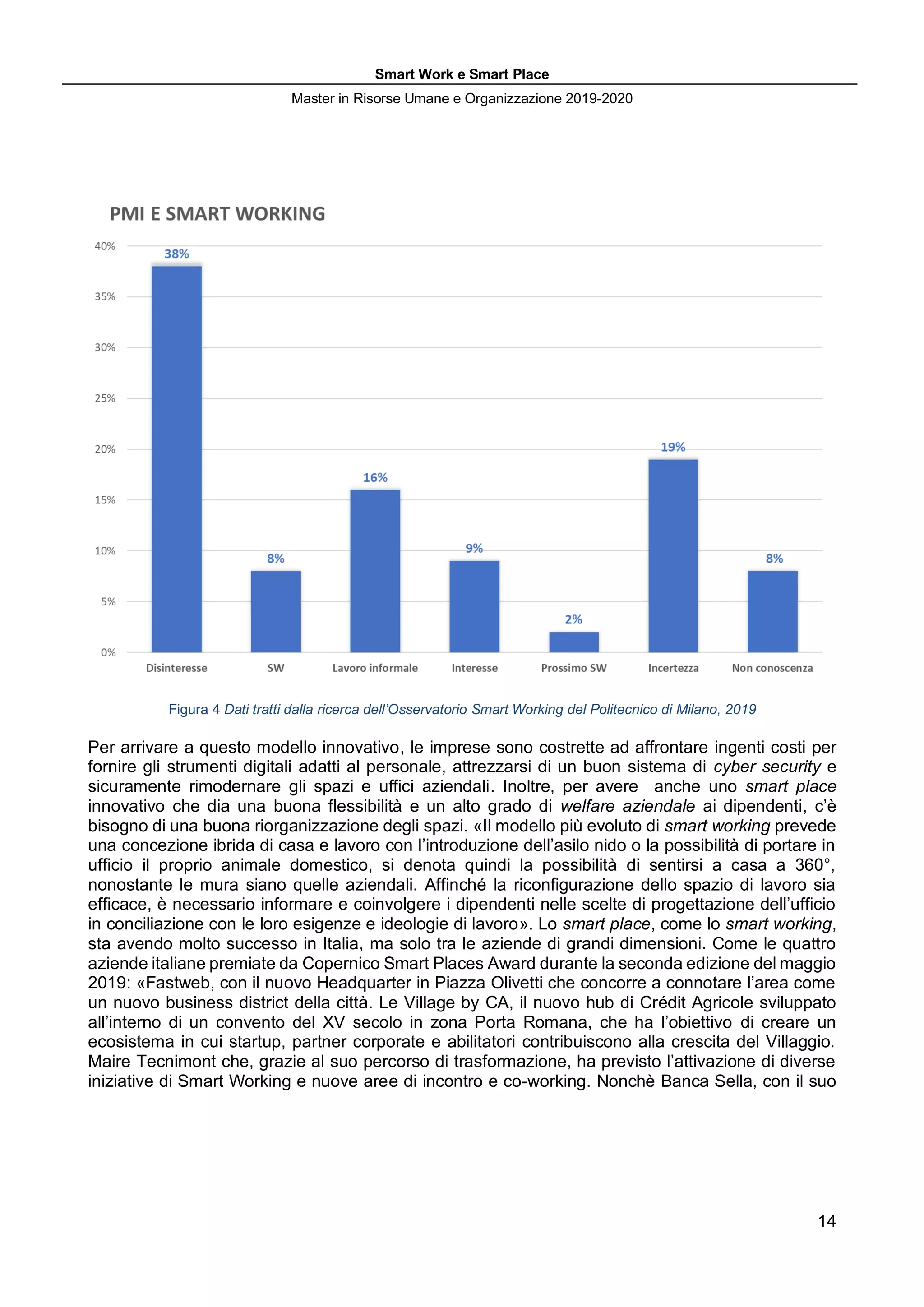 Smart Work e Smart Place
Master in Risorse Umane e Organizzazione 2019-2020
14
Figura 4 Dati tratti dalla ricerca dell’Osservatorio Smart Working del Politecnico di Milano, 2019
Per arrivare a questo modello innovativo, le imprese sono costrette ad affrontare ingenti costi per
fornire gli strumenti digitali adatti al personale, attrezzarsi di un buon sistema di cyber security e
sicuramente rimodernare gli spazi e uffici aziendali. Inoltre, per avere anche uno smart place
innovativo che dia una buona flessibilità e un alto grado di welfare aziendale ai dipendenti, c’è
bisogno di una buona riorganizzazione degli spazi. «Il modello più evoluto di smart working prevede
una concezione ibrida di casa e lavoro con l’introduzione dell’asilo nido o la possibilità di portare in
ufficio il proprio animale domestico, si denota quindi la possibilità di sentirsi a casa a 360°,
nonostante le mura siano quelle aziendali. Affinché la riconfigurazione dello spazio di lavoro sia
efficace, è necessario informare e coinvolgere i dipendenti nelle scelte di progettazione dell’ufficio
in conciliazione con le loro esigenze e ideologie di lavoro». Lo smart place, come lo smart working,
sta avendo molto successo in Italia, ma solo tra le aziende di grandi dimensioni. Come le quattro
aziende italiane premiate da Copernico Smart Places Award durante la seconda edizione del maggio
2019: «Fastweb, con il nuovo Headquarter in Piazza Olivetti che concorre a connotare l’area come
un nuovo business district della città. Le Village by CA, il nuovo hub di Crédit Agricole sviluppato
all’interno di un convento del XV secolo in zona Porta Romana, che ha l’obiettivo di creare un
ecosistema in cui startup, partner corporate e abilitatori contribuiscono alla crescita del Villaggio.
Maire Tecnimont che, grazie al suo percorso di trasformazione, ha previsto l’attivazione di diverse
iniziative di Smart Working e nuove aree di incontro e co-working. Nonchè Banca Sella, con il suo
 