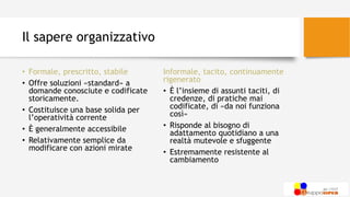 Il sapere organizzativo
• Formale, prescritto, stabile
• Offre soluzioni «standard» a
domande conosciute e codificate
storicamente.
• Costituisce una base solida per
l’operatività corrente
• È generalmente accessibile
• Relativamente semplice da
modificare con azioni mirate
Informale, tacito, continuamente
rigenerato
• È l’insieme di assunti taciti, di
credenze, di pratiche mai
codificate, di «da noi funziona
così»
• Risponde al bisogno di
adattamento quotidiano a una
realtà mutevole e sfuggente
• Estremamente resistente al
cambiamento
 
