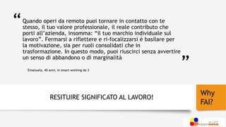“
”
Quando operi da remoto puoi tornare in contatto con te
stesso, il tuo valore professionale, il reale contributo che
porti all’azienda, insomma: “il tuo marchio individuale sul
lavoro”. Fermarsi a riflettere e ri-focalizzarsi è basilare per
la motivazione, sia per ruoli consolidati che in
trasformazione. In questo modo, puoi riuscirci senza avvertire
un senso di abbandono o di marginalità
RESITUIRE SIGNIFICATO AL LAVORO!
Emanuela, 40 anni, in smart working da 3
Why
FAI?
 