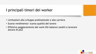 I principali timori dei worker
• Limitazioni allo sviluppo professionale e alla carriera
• Scarso rendimento/ scarsa qualità del lavoro
• Effettivo peggioramento del work-life balance (andrò a lavorare
ancora di più)
 