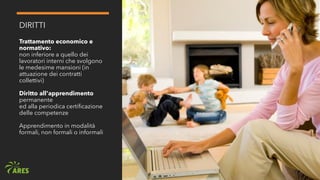 DIRITTI
Trattamento economico e
normativo:
non inferiore a quello dei
lavoratori interni che svolgono
le medesime mansioni (in
attuazione dei contratti
collettivi)
Diritto all'apprendimento
permanente
ed alla periodica certificazione
delle competenze
Apprendimento in modalità
formali, non formali o informali
 