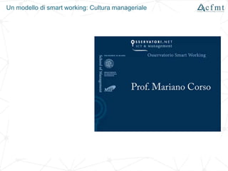 Un modello di smart working: Cultura manageriale
Cultura manageriale e organizzativa
"fondata sulla fiducia": il convincimento che
generalmente le persone si daranno da fare
per ottenere i risultati richiesti
LA SITUAZIONE IN ITALIA
 filosofia di collaborazione tra datore di
lavoro e dipendente: comunicazione
aperta e processi decisionali partecipativi
"Posso esprimere
liberamente idee ed opinioni
per innovare i processi"
 alto grado di libertà di azione individuale,
discrezionalità e autonomia nelle pratiche
di lavoro
"Ho un'elevata autonomia e
libertà nelle decisioni"
 gestione per risultati (riconoscimenti e
premi per i risultati, non semplicemente
per lo sforzo o per la presenza).
"Il mio lavoro è di valore ed
è riconosciuto"
Fonte: "Smart working - How smart is UK PLC? " - Chartered Institute
of Personnel and Development (CIPD)
Fonte: Politecnico di Milano "Osservatorio Smart Working" 2 ottobre 2013
Campione 1.000 professional
14%
65%
21%
12%
66%
22%
11%
66%
23%
 