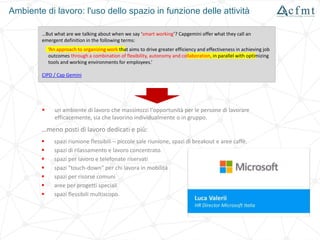 Ambiente di lavoro: l'uso dello spazio in funzione delle attività
…But what are we talking about when we say ‘smart working’? Capgemini offer what they call an
emergent definition in the following terms:
‘An approach to organizing work that aims to drive greater efficiency and effectiveness in achieving job
outcomes through a combination of flexibility, autonomy and collaboration, in parallel with optimizing
tools and working environments for employees.’
CIPD / Cap Gemini
 un ambiente di lavoro che massimizzi l'opportunità per le persone di lavorare
efficacemente, sia che lavorino individualmente o in gruppo.
…meno posti di lavoro dedicati e più:
 spazi riunione flessibili – piccole sale riunione, spazi di breakout e aree caffè.
 spazi di rilassamento e lavoro concentrato.
 spazi per lavoro e telefonate riservati
 spazi "touch-down" per chi lavora in mobilità
 spazi per risorse comuni
 aree per progetti speciali
 spazi flessibili multiscopo.
 