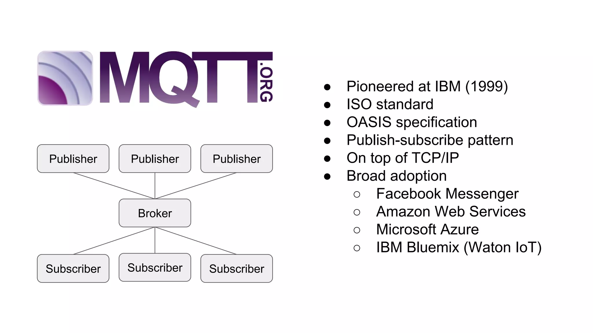 ● Pioneered at IBM (1999)
● ISO standard
● OASIS specification
● Publish-subscribe pattern
● On top of TCP/IP
● Broad adoption
○ Facebook Messenger
○ Amazon Web Services
○ Microsoft Azure
○ IBM Bluemix (Waton IoT)
Publisher Publisher Publisher
Broker
Subscriber Subscriber Subscriber
 