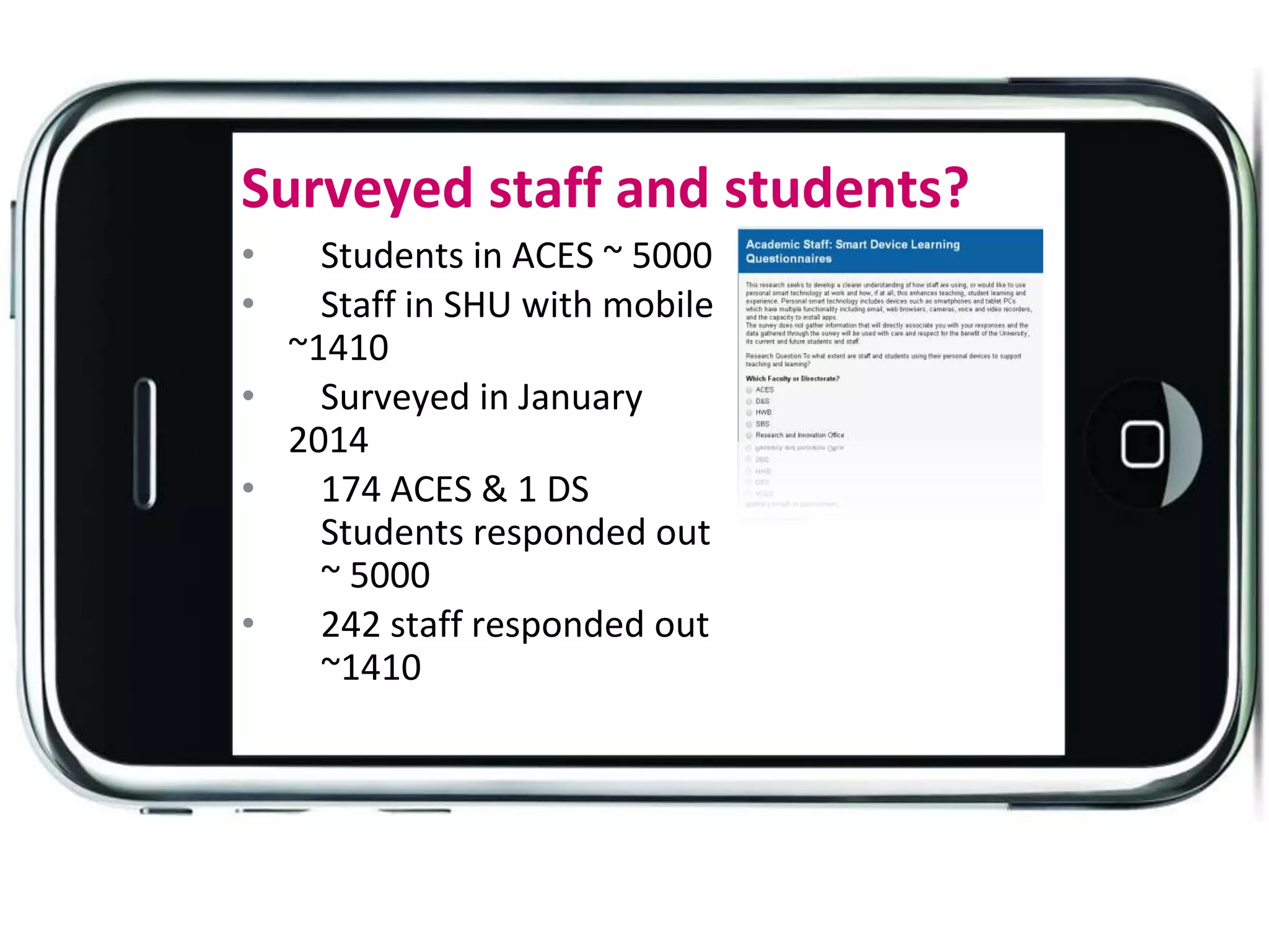 Surveyed staff and students?
• Students in ACES ~ 5000
• Staff in SHU with mobile
~1410
• Surveyed in January
2014
• 174 ACES & 1 DS
Students responded out
~ 5000
• 242 staff responded out
~1410
 