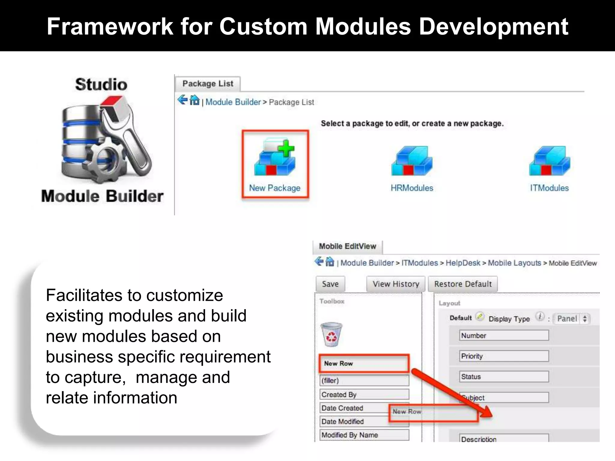 Framework for Custom Modules Development 
Facilitates to customize 
existing modules and build 
new modules based on 
business specific requirement 
to capture, manage and 
relate information 
 