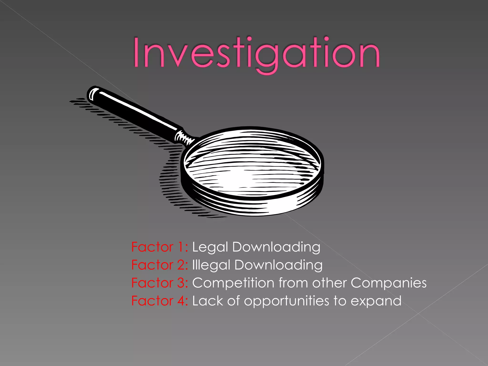 Factor 1:  Legal Downloading Factor 2:  Illegal Downloading Factor 3:  Competition from other Companies Factor 4:  Lack of opportunities to expand 