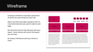 Wireframe
Creating a wireframe is basically a placement
of where you want content on your site.
Figure out what each page is going to have on
it and what elements you want to add on each
page.
But-Also find a theme that will work with your
layout. Some themes will restrict the layouts
you can have.

Or-Create a Wireframe with your theme in
mind.

 